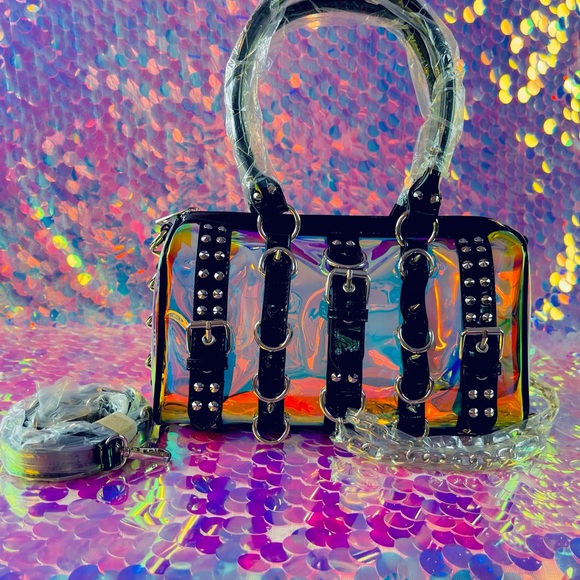 Pastel Goth Blk Rainbow Holographic Chains Buckle Bag - Picture 10 of 11